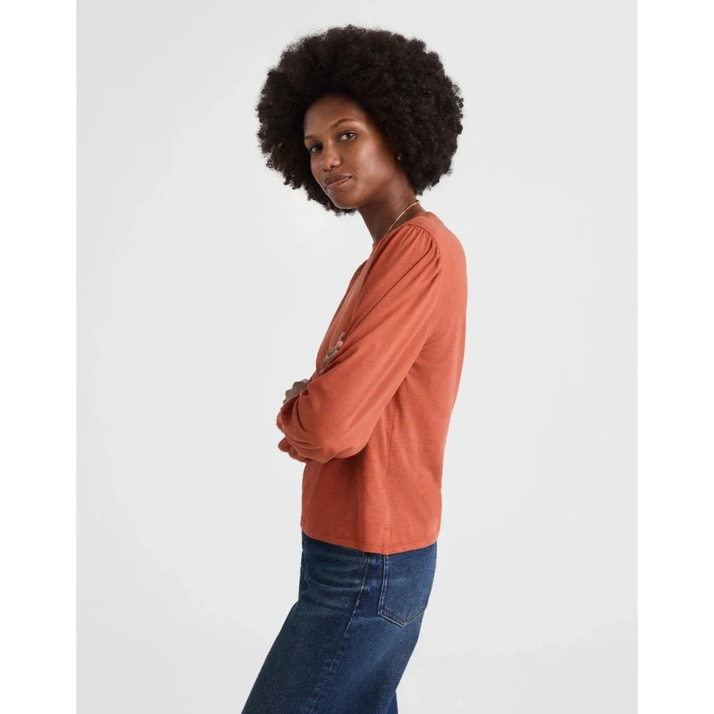 Madewell XS Smocked Long Sleeve Top in Soft Slub Faded Brick Cotton Pullover NWT